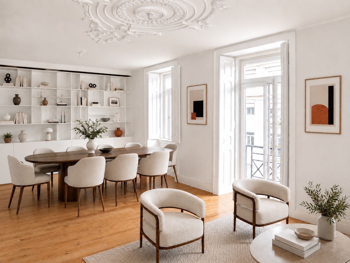 Sala de jantar com mesa oval e portas de sacada para a rua
