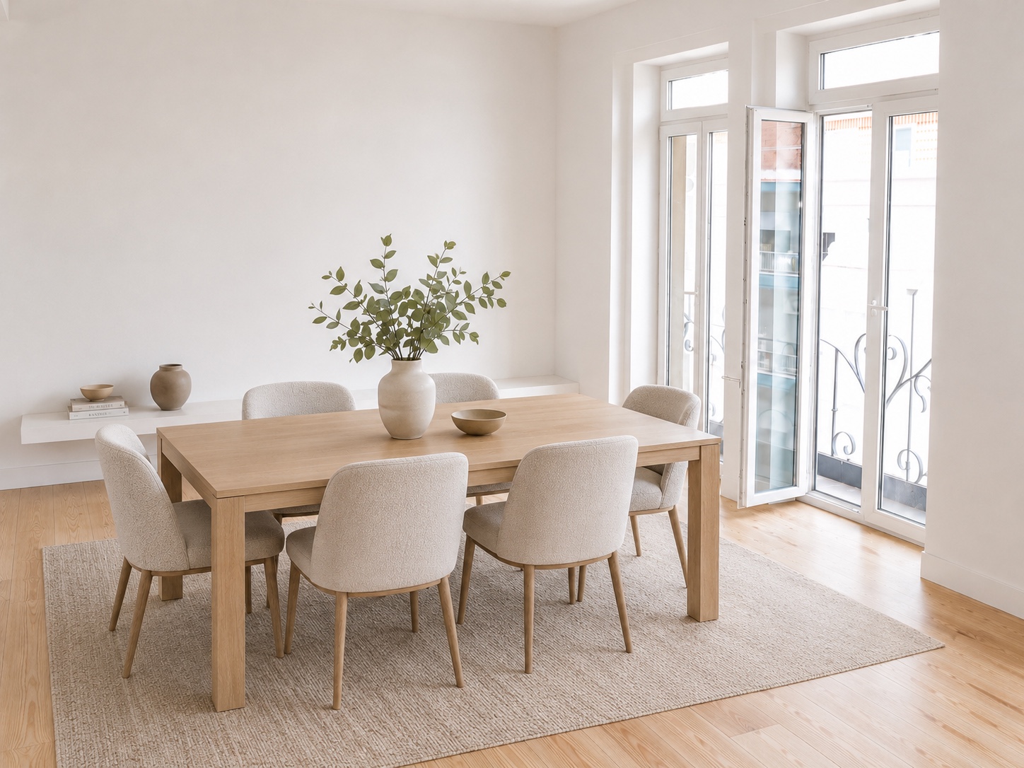 Sala de jantar com portas de sacada e paredes brancas