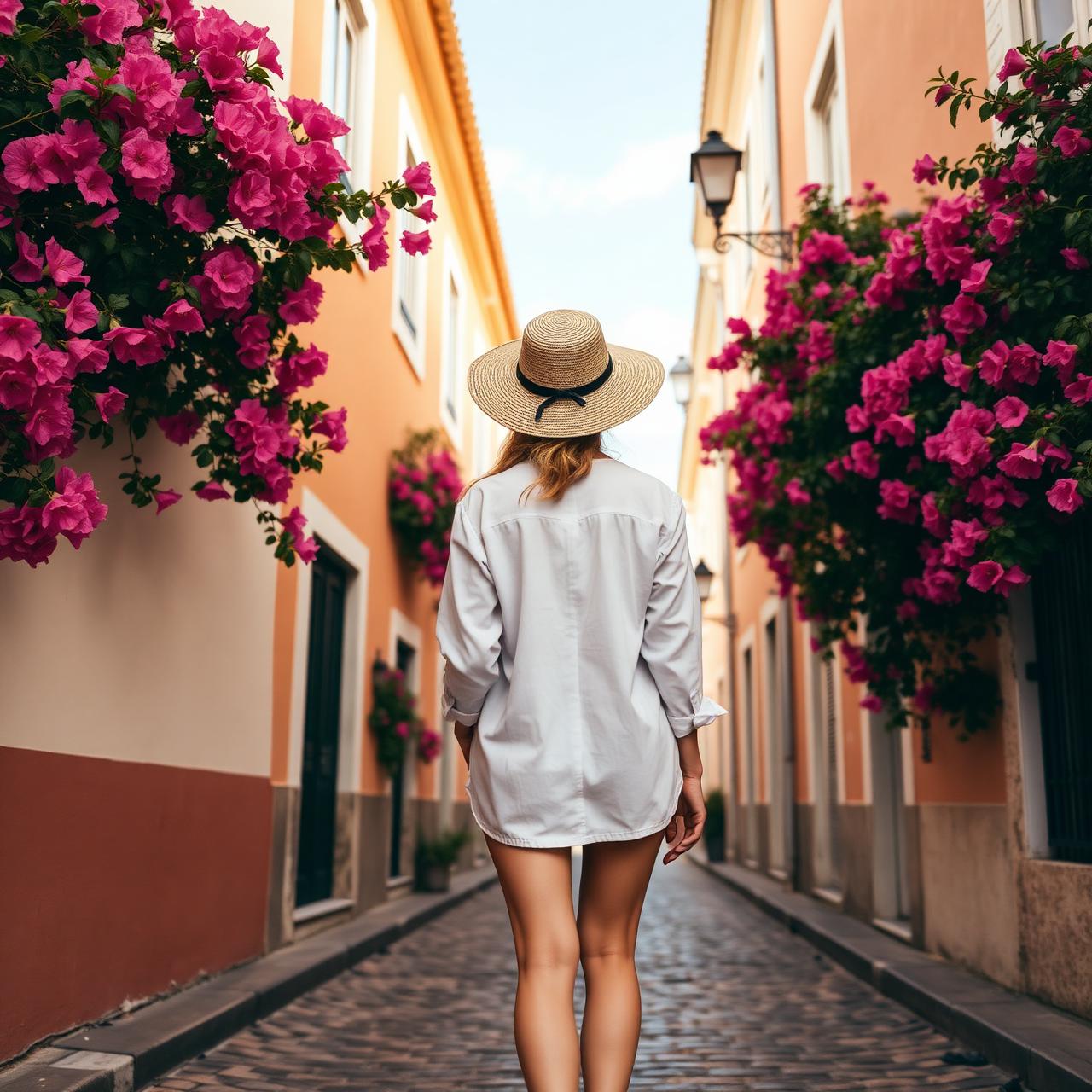 Rua com bougainvillea