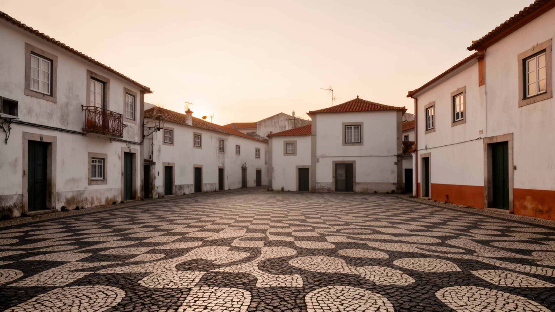 Portuguese square with traditional paving at dawn
